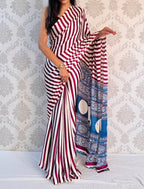 Stripe Elegance Crepe/Georgette Saree with Stylish Striped Print & Matching Blouse – Modern Party & Office Wear