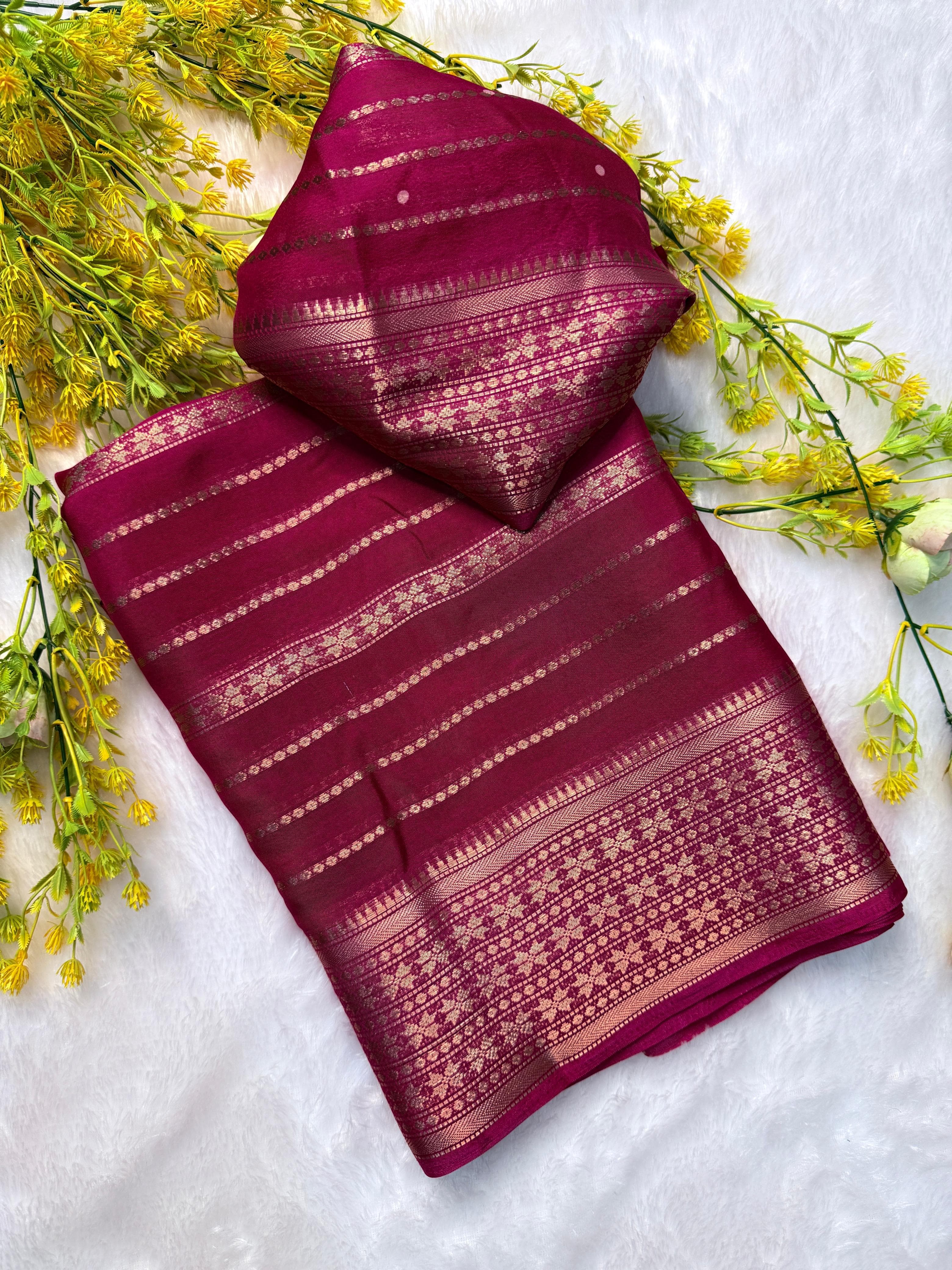 Premium Crepe Silk Saree with Jacquard Jari Lining Work & Running Blouse – Dream Saree Collection