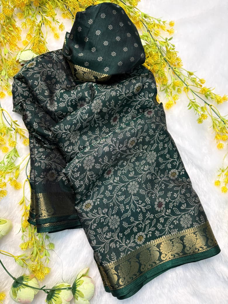 Soft Black Dola Silk Saree with Pen Kalamkari Design & Zari Hamsa Borders – Premium Boutique Wear