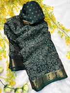 Soft Black Dola Silk Saree with Pen Kalamkari Design & Zari Hamsa Borders – Premium Boutique Wear
