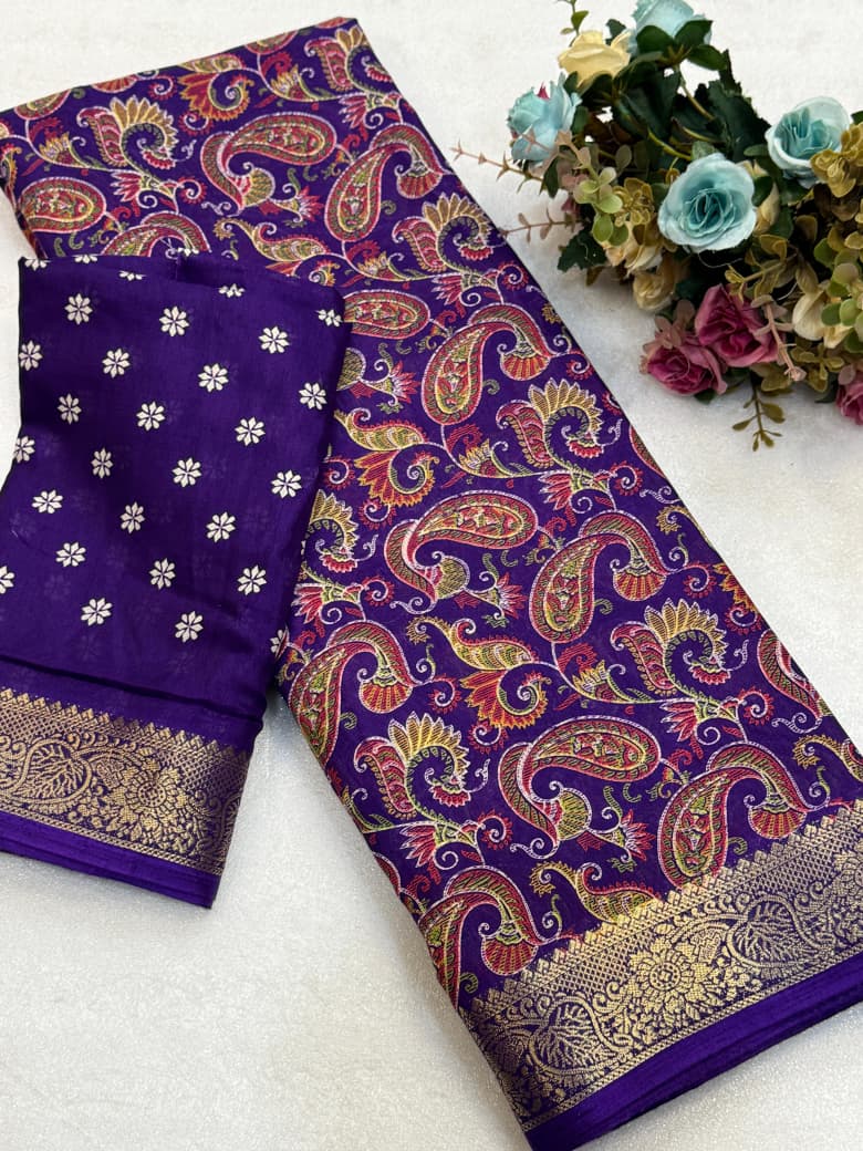 Soft Mul Mul Cotton Saree with Kashmiri Print & Jacquard Border – Elegant Boutique Collection