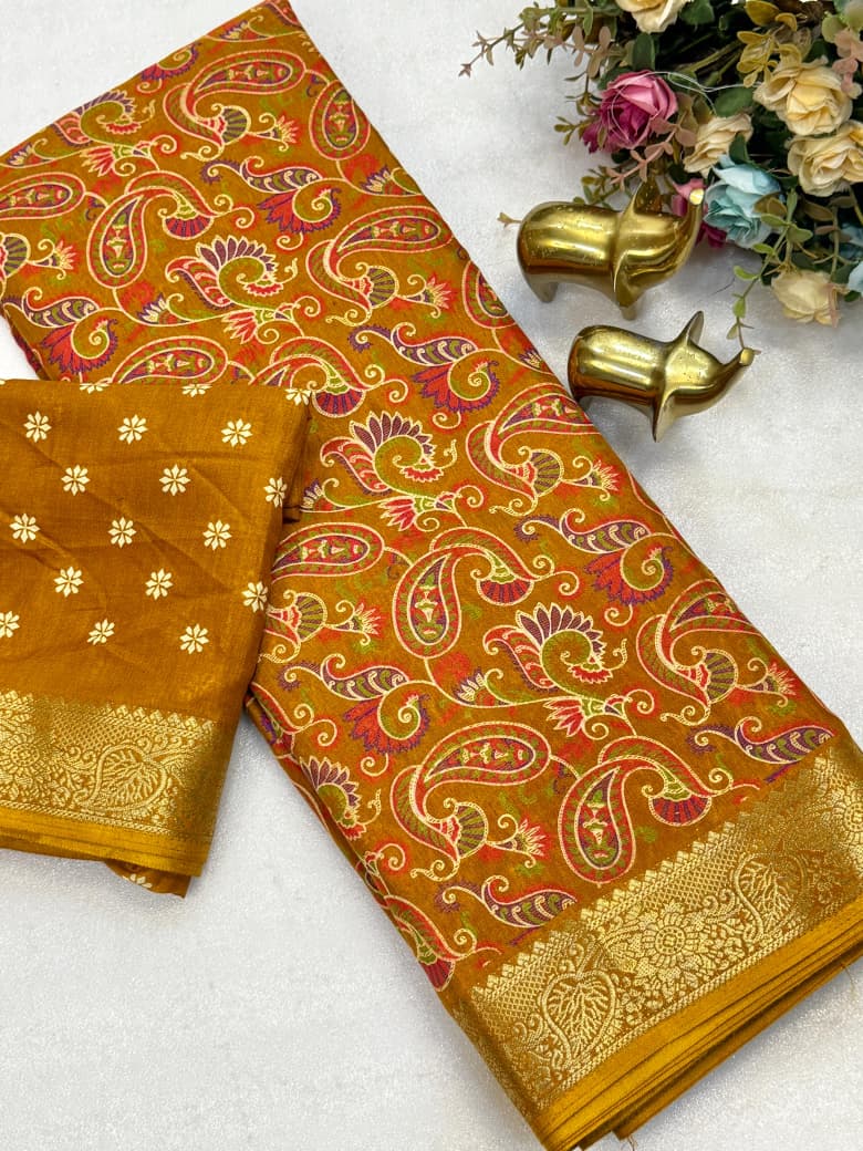 Soft Mul Mul Cotton Saree with Kashmiri Print & Jacquard Border – Elegant Boutique Collection