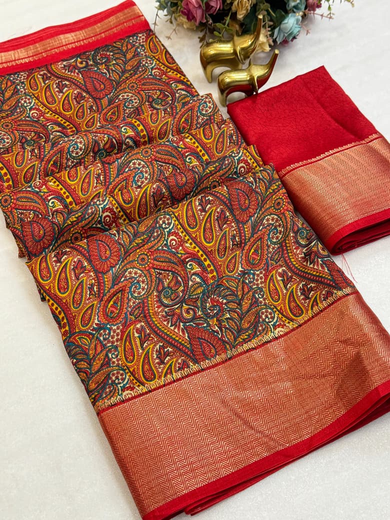 Dola Silk Saree with Kashmiri Print & Zari Border – Elegant New Arrival