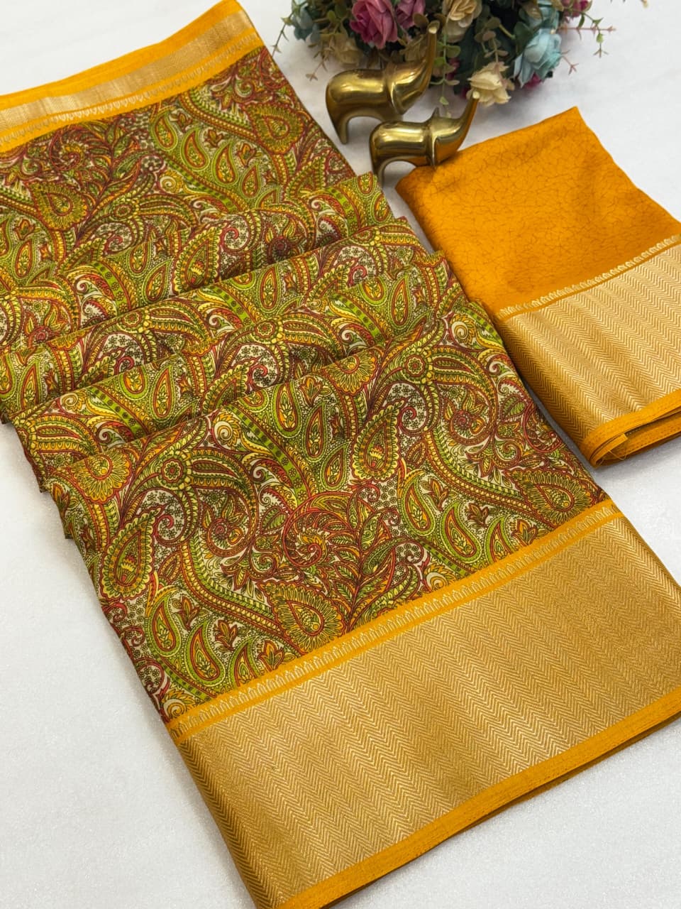 Dola Silk Saree with Kashmiri Print & Zari Border – Elegant New Arrival