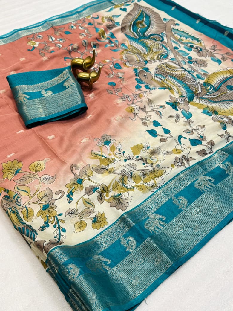 Premium Soft Dola Silk Saree with Kalamkari Print, Elephant & Peacock Weaving – Elegant Boutique Collection