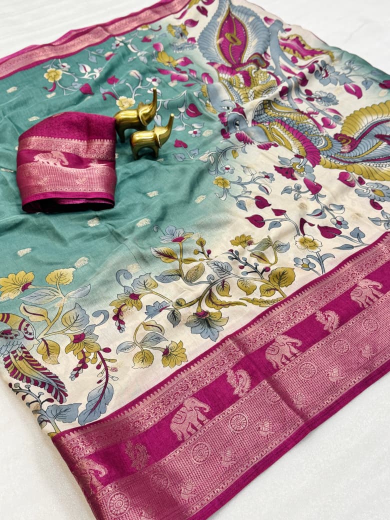 Premium Soft Dola Silk Saree with Kalamkari Print, Elephant & Peacock Weaving – Elegant Boutique Collection