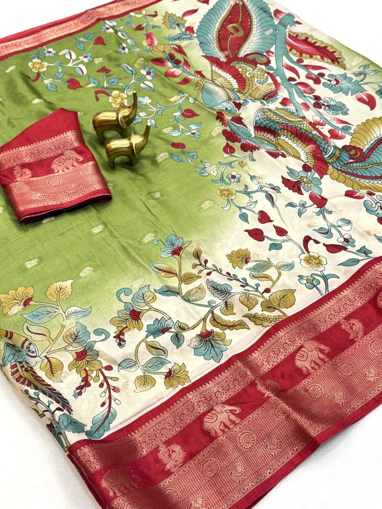 Premium Soft Dola Silk Saree with Kalamkari Print, Elephant & Peacock Weaving – Elegant Boutique Collection