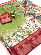 Premium Soft Dola Silk Saree with Kalamkari Print, Elephant & Peacock Weaving – Elegant Boutique Collection