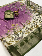 Premium Soft Dola Silk Saree with Kalamkari Print, Elephant & Peacock Weaving – Elegant Boutique Collection