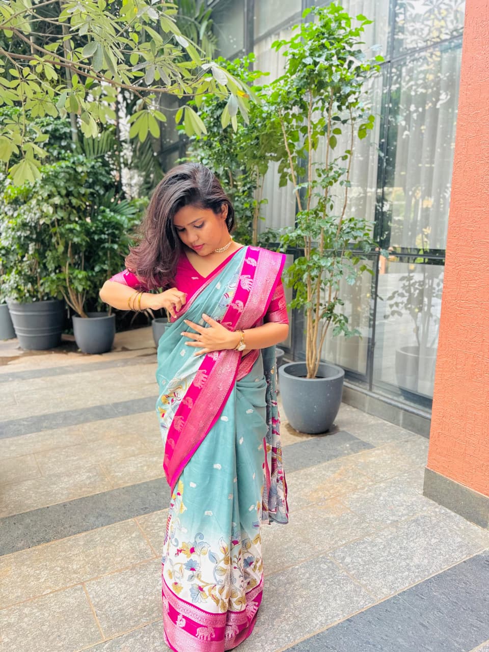 Premium Soft Dola Silk Saree with Kalamkari Print, Elephant & Peacock Weaving – Elegant Boutique Collection