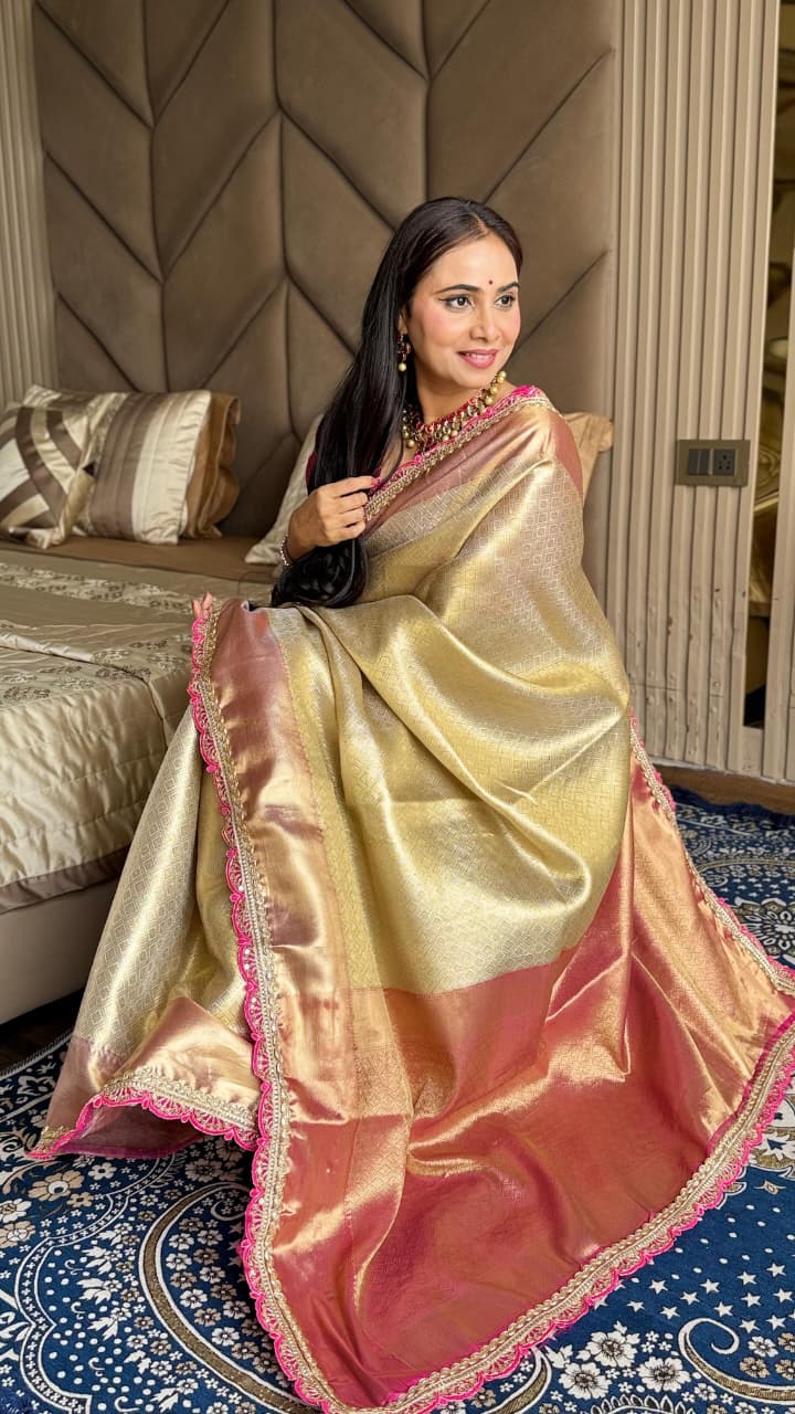 Soft Tissue Silk Saree with Kaju Katli Design, Rich Pallu & Brocade Blouse – Glamorous Elegance for Premium Buyers & Festive Bulk Orders