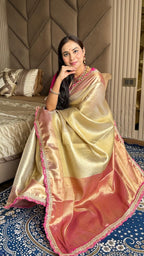 Soft Tissue Silk Saree with Kaju Katli Design, Rich Pallu & Brocade Blouse – Glamorous Elegance for Premium Buyers & Festive Bulk Orders