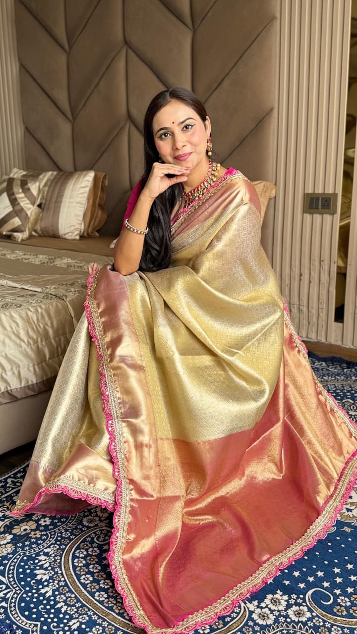 Soft Tissue Silk Saree with Kaju Katli Design, Rich Pallu & Brocade Blouse – Glamorous Elegance for Premium Buyers & Festive Bulk Orders