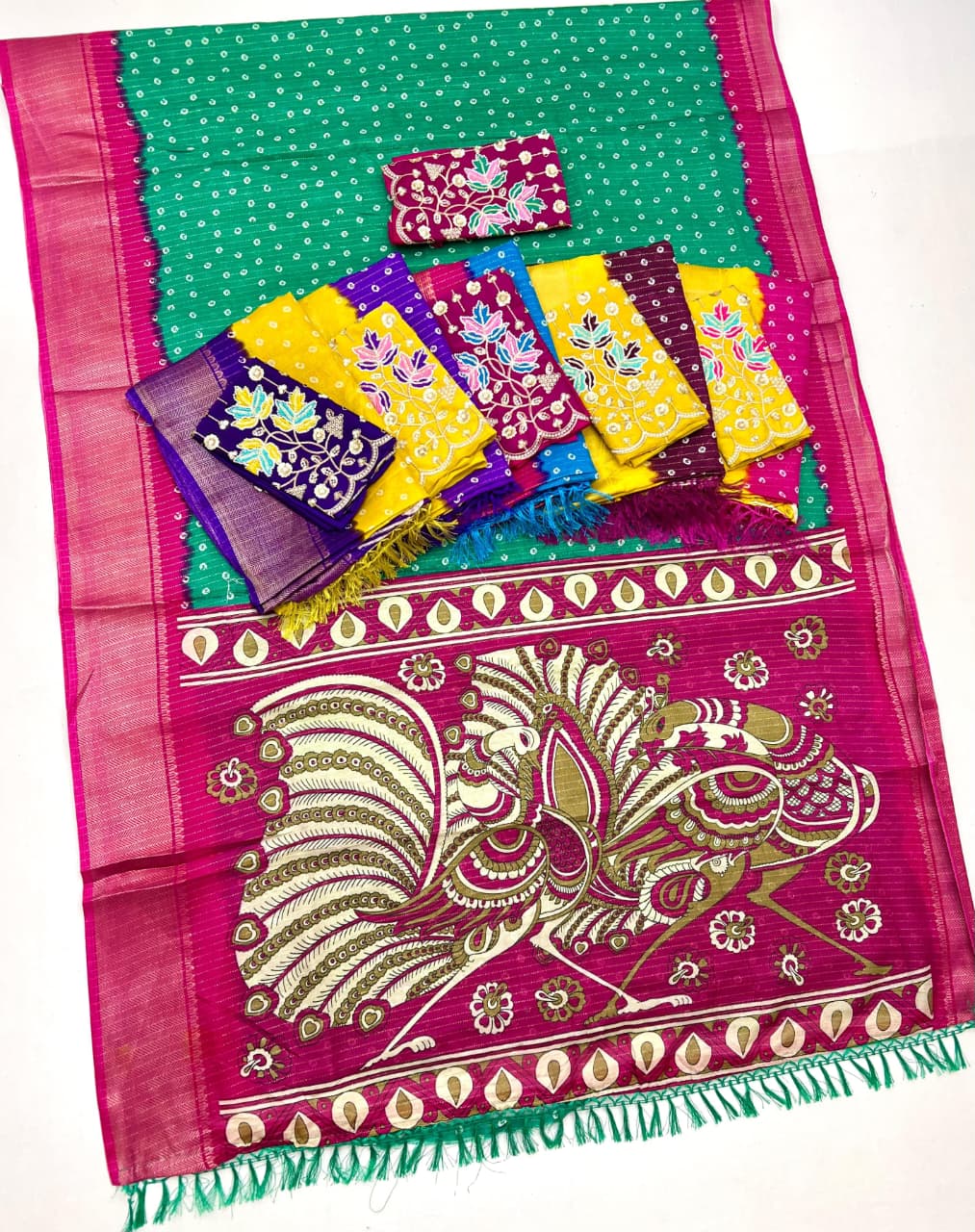 Beautiful Dola Silk Bandhani Saree with Grand Peacock Pallu & Beads Work Blouse – Festive Elegance for Boutique Displays & Bulk Orders
