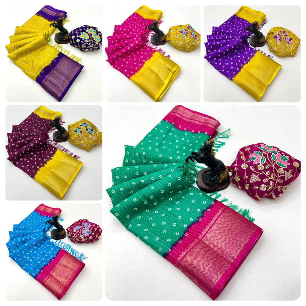 Beautiful Dola Silk Bandhani Saree with Grand Peacock Pallu & Beads Work Blouse – Festive Elegance for Boutique Displays & Bulk Orders