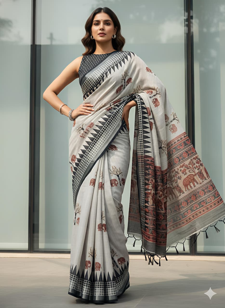 Heavy Linen Blooming Saree with Gajraj Digital Print & Motif Tussels – Premium Festive Collection