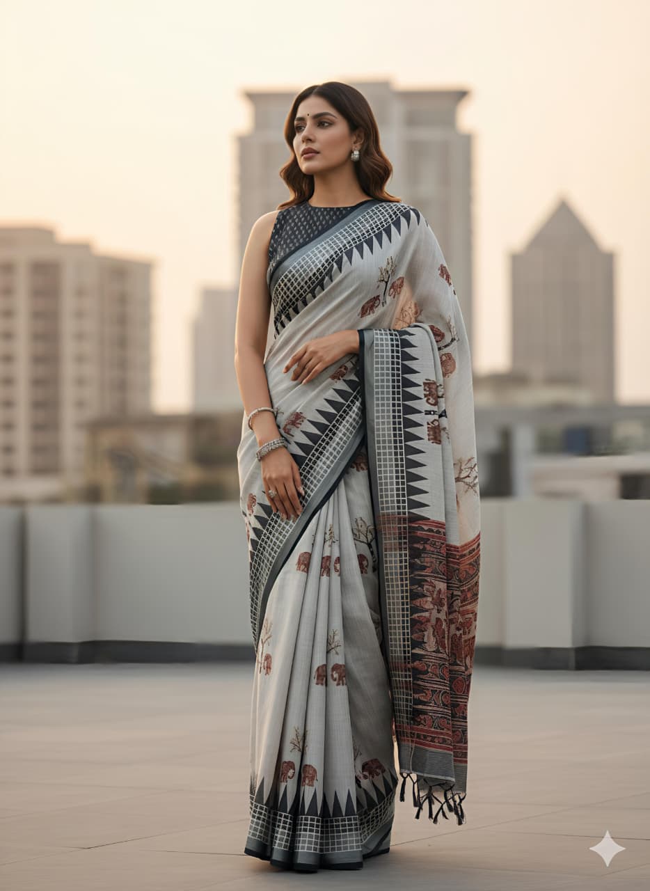 Heavy Linen Blooming Saree with Gajraj Digital Print & Motif Tussels – Premium Festive Collection
