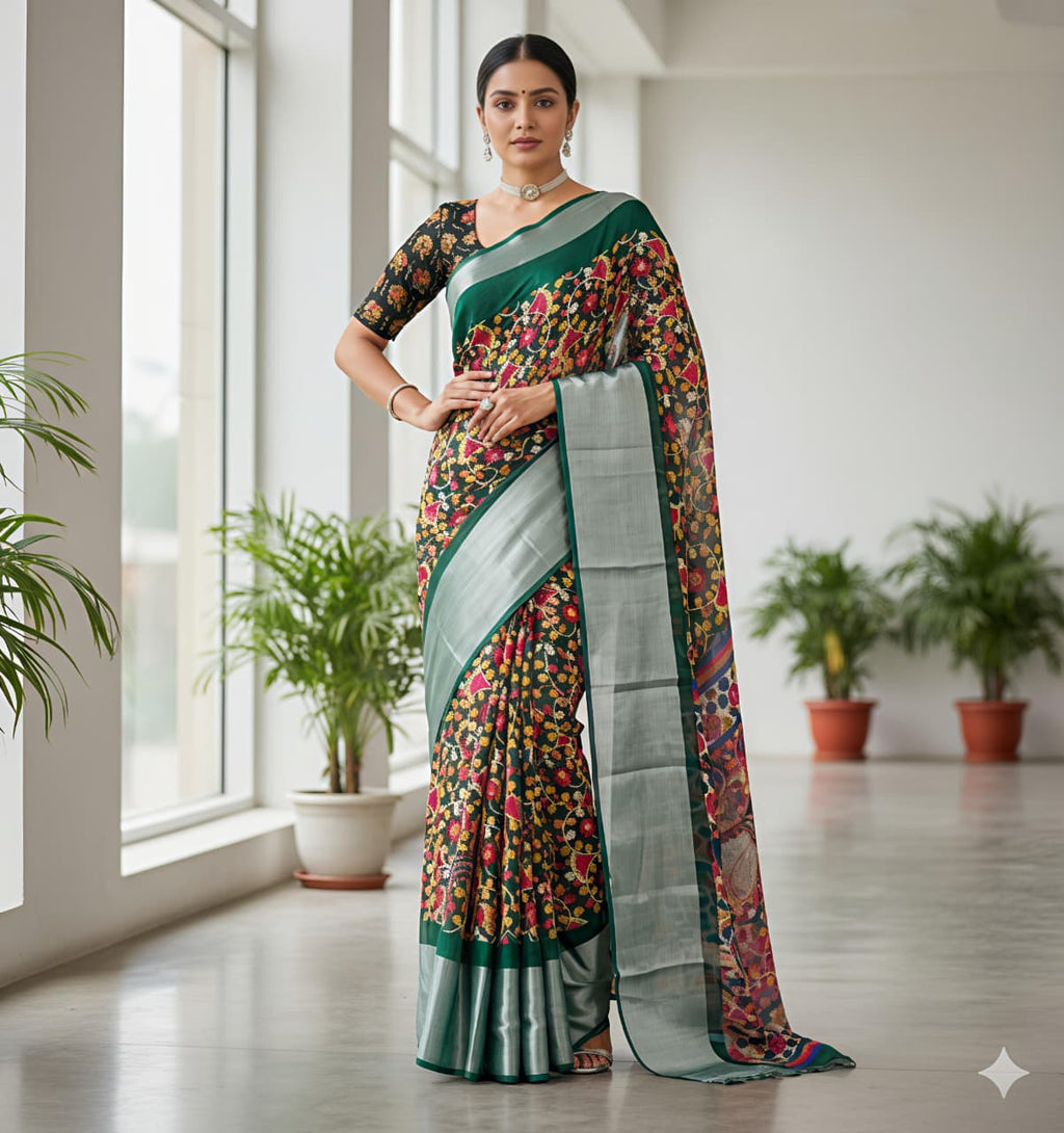 Heavy Moss Chiffon Saree with Floral Kalamkari Print & Golden Pattu Kodiyark Border