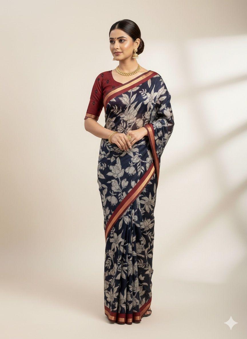 Mangalagiri Silk Saree with Zari Border & Kalamkari Pallu – Elegant Boutique Collection