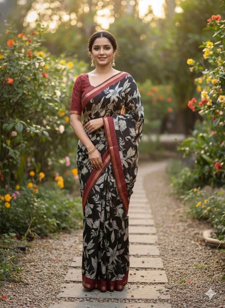 Mangalagiri Silk Saree with Zari Border & Kalamkari Pallu – Elegant Boutique Collection
