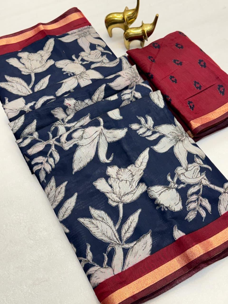 Mangalagiri Silk Saree with Zari Border & Kalamkari Pallu – Elegant Boutique Collection