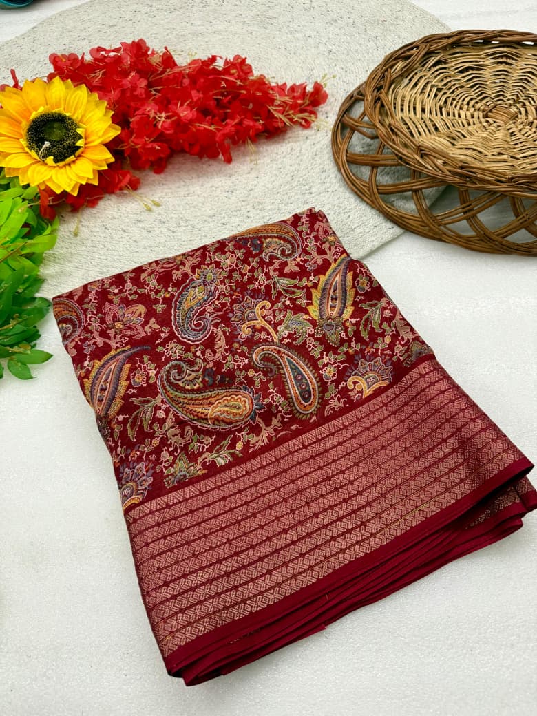 Heavy Marsh Mellow Saree with Floral Print & Golden Zari Border – Premium New Arrival