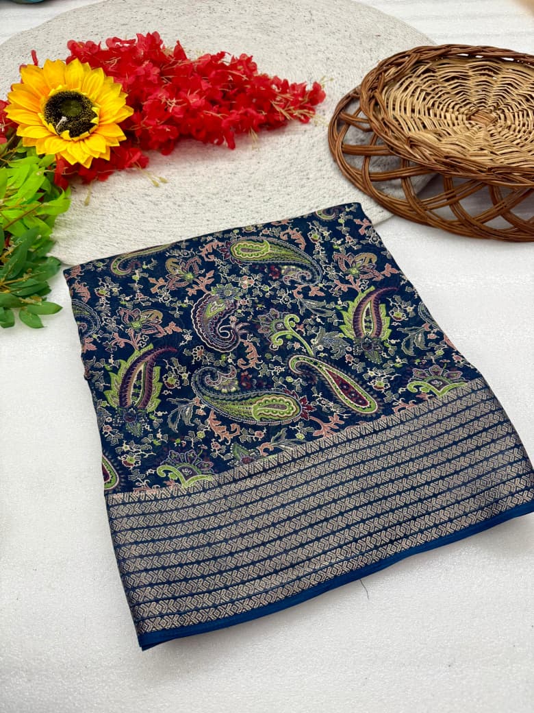 Heavy Marsh Mellow Saree with Floral Print & Golden Zari Border – Premium New Arrival