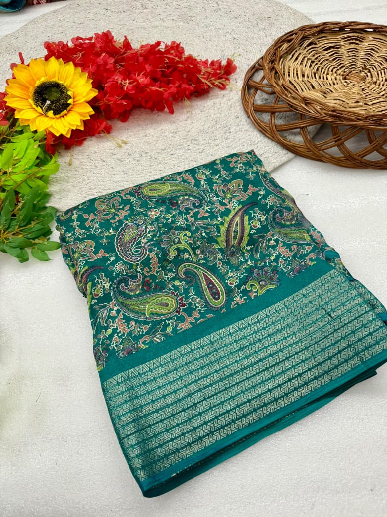 Heavy Marsh Mellow Saree with Floral Print & Golden Zari Border – Premium New Arrival