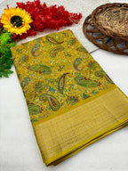Heavy Marsh Mellow Saree with Floral Print & Golden Zari Border – Premium New Arrival