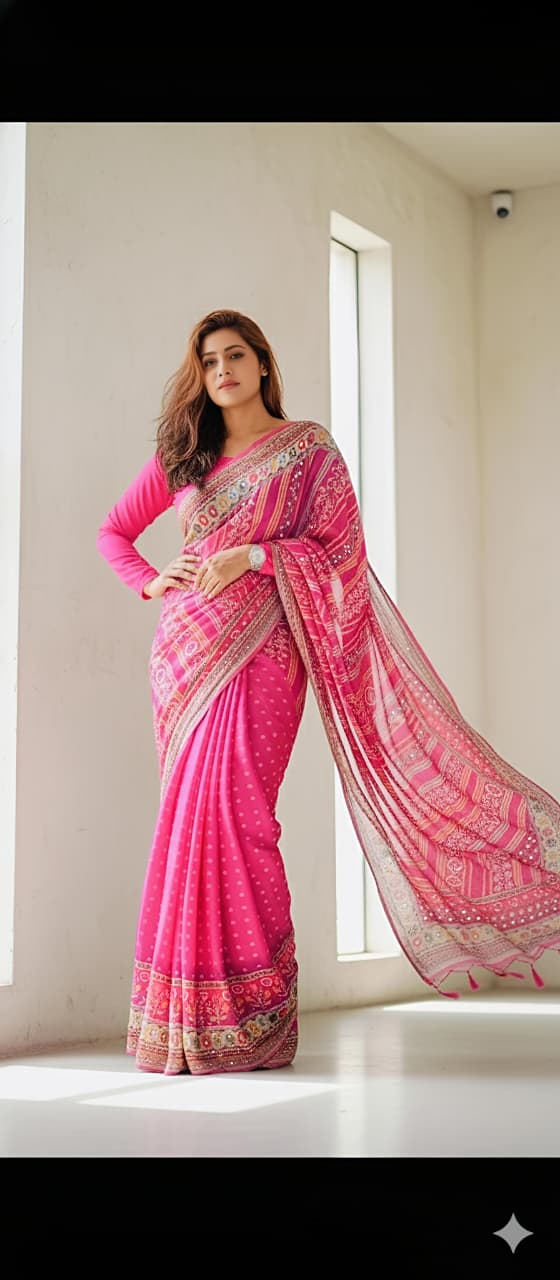 Heavy Marsh Mellow Georgette Saree with Mosaic Digital Print & 2500 Mirror Work – Premium New Arrival