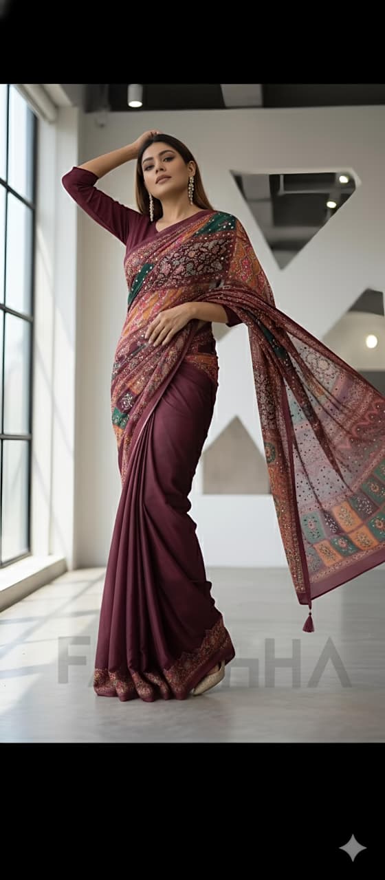 Heavy Marsh Mellow Georgette Saree with Mosaic Digital Print & 2500 Mirror Work – Premium New Arrival