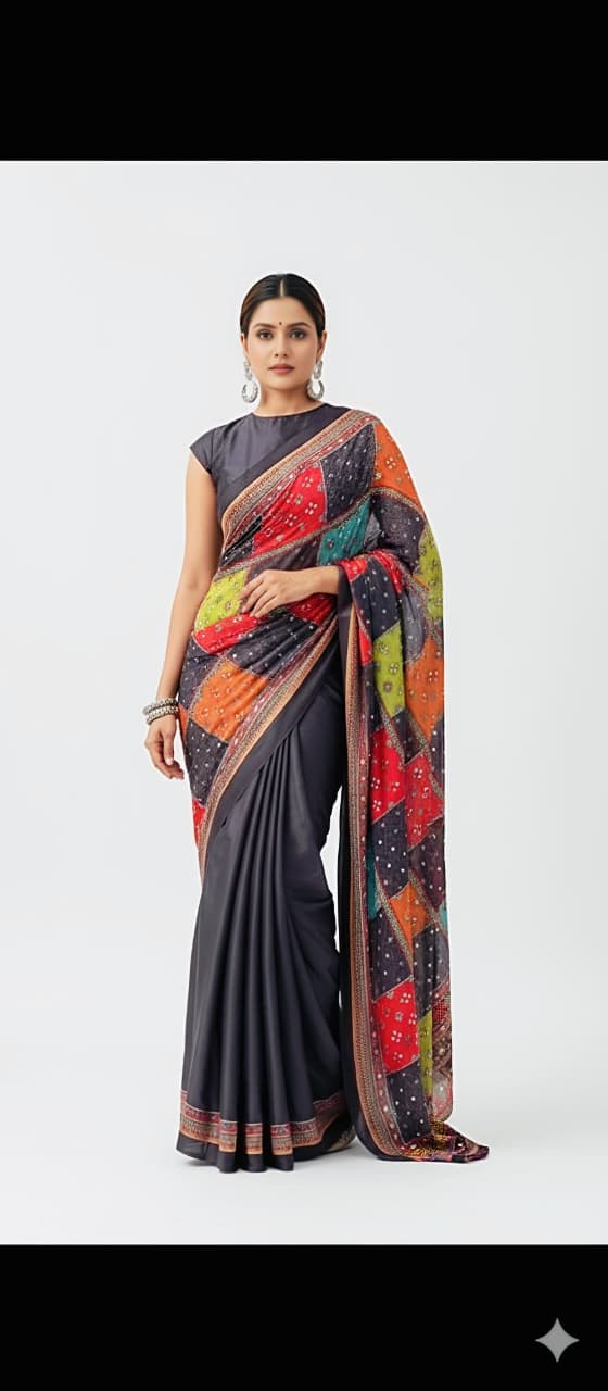 Heavy Marsh Mellow Georgette Saree with Mosaic Digital Print & 2500 Mirror Work – Premium New Arrival