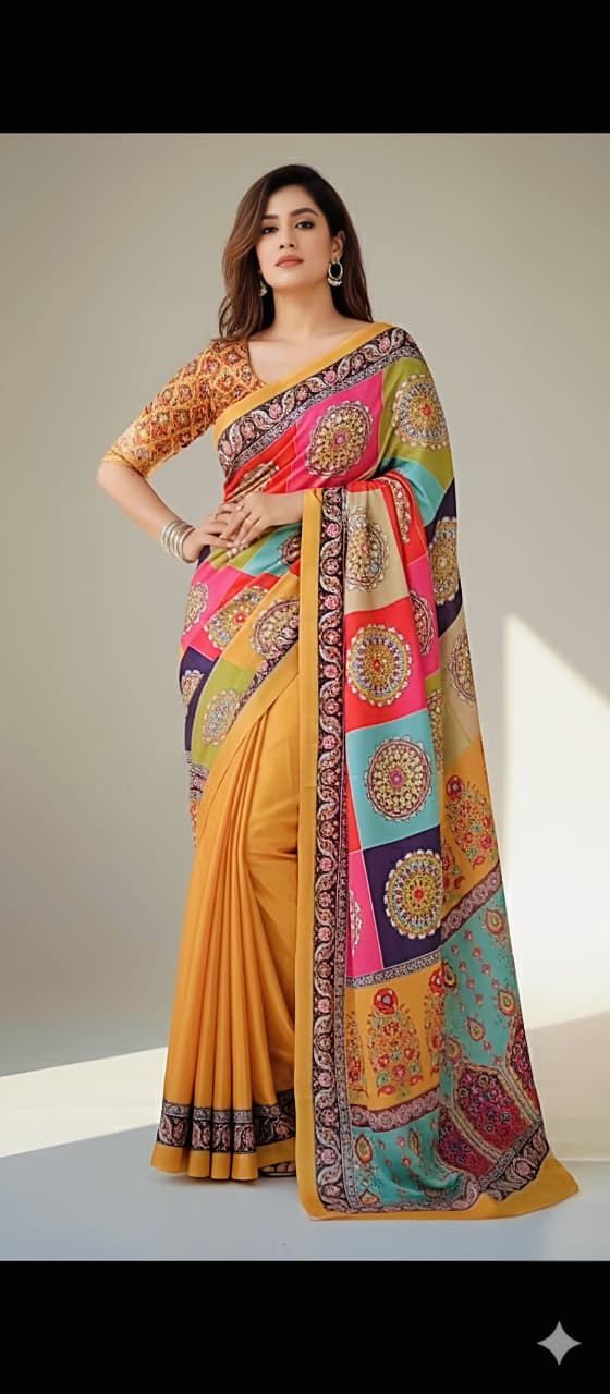 Heavy Marsh Mellow Georgette Saree with Mosaic Digital Print & 2500 Mirror Work – Premium New Arrival