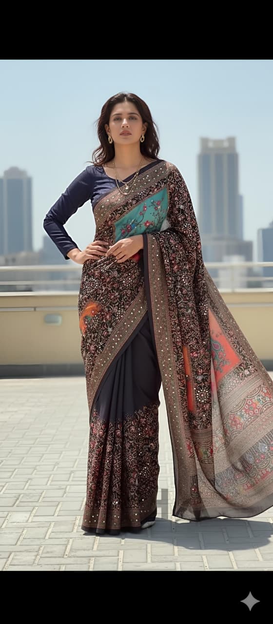 Heavy Marsh Mellow Georgette Saree with Mosaic Digital Print & 2500 Mirror Work – Premium New Arrival