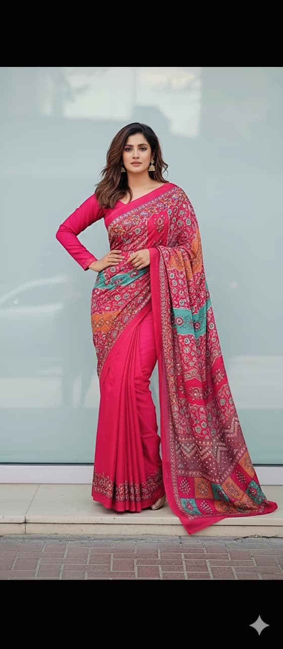 Heavy Marsh Mellow Georgette Saree with Mosaic Digital Print & 2500 Mirror Work – Premium New Arrival