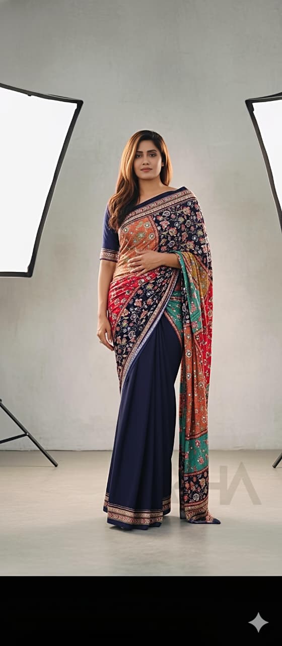 Heavy Marsh Mellow Georgette Saree with Mosaic Digital Print & 2500 Mirror Work – Premium New Arrival