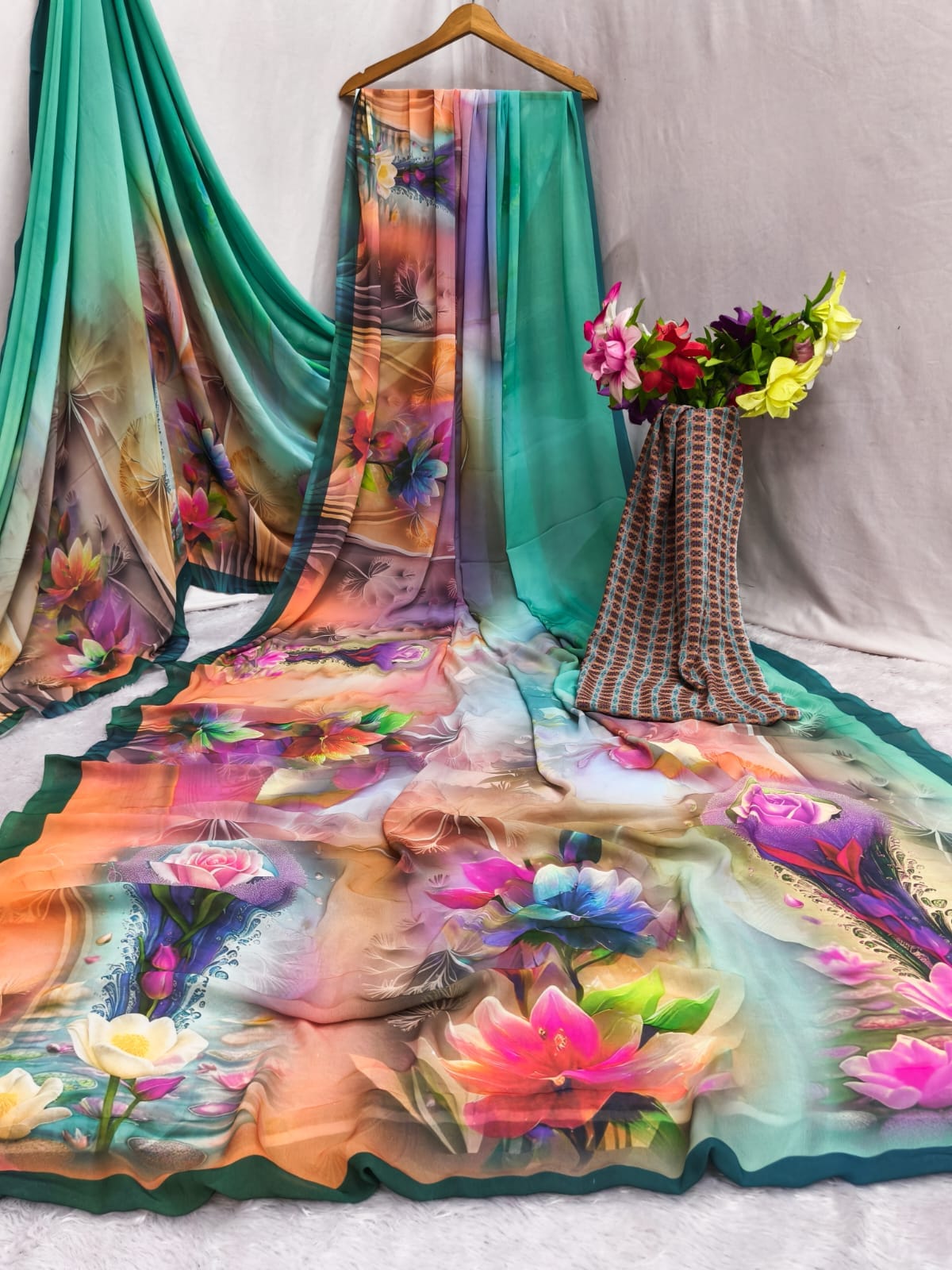 Superhit Weightless Blooming Digital Print Saree with Matching Blouse – New Arrival