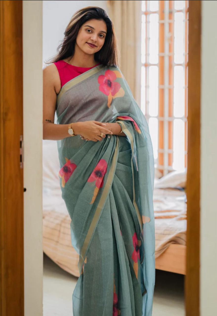 Soft Original Linen Saree with Floral Print & Digital Blouse – Lightweight Boutique Wear & Festive Gifting