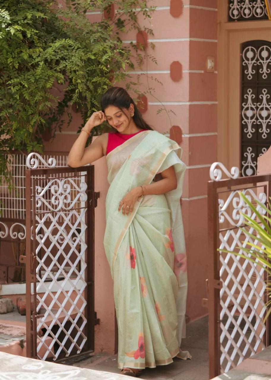 Soft Original Linen Saree with Floral Print & Digital Blouse – Lightweight Boutique Wear & Festive Gifting