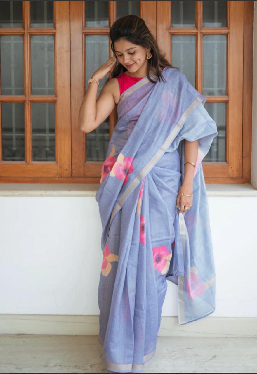 Soft Original Linen Saree with Floral Print & Digital Blouse – Lightweight Boutique Wear & Festive Gifting