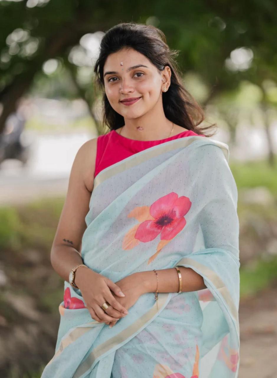 Soft Original Linen Saree with Floral Print & Digital Blouse – Lightweight Boutique Wear & Festive Gifting