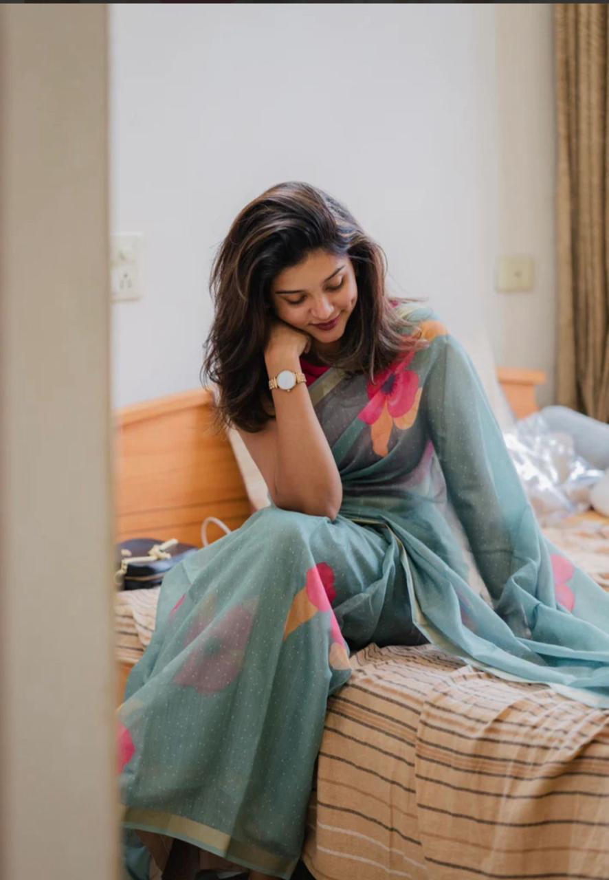 Soft Original Linen Saree with Floral Print & Digital Blouse – Lightweight Boutique Wear & Festive Gifting