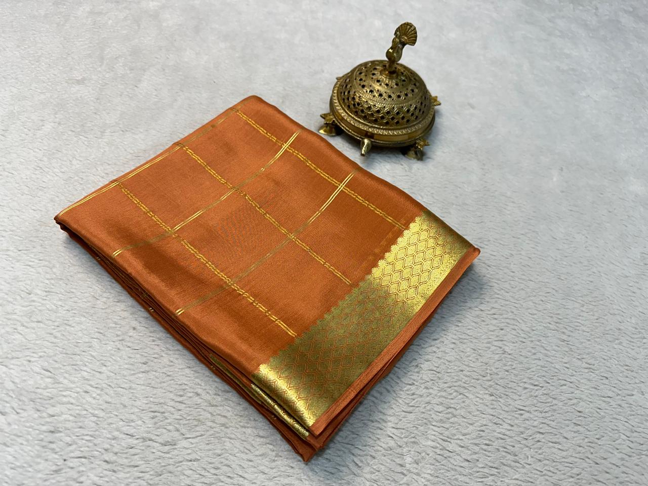 Pure Mysore Crepe Silk Saree with Zari Weaving & Contrast Blouse – Elegant Boutique Wear & Festive Gifting