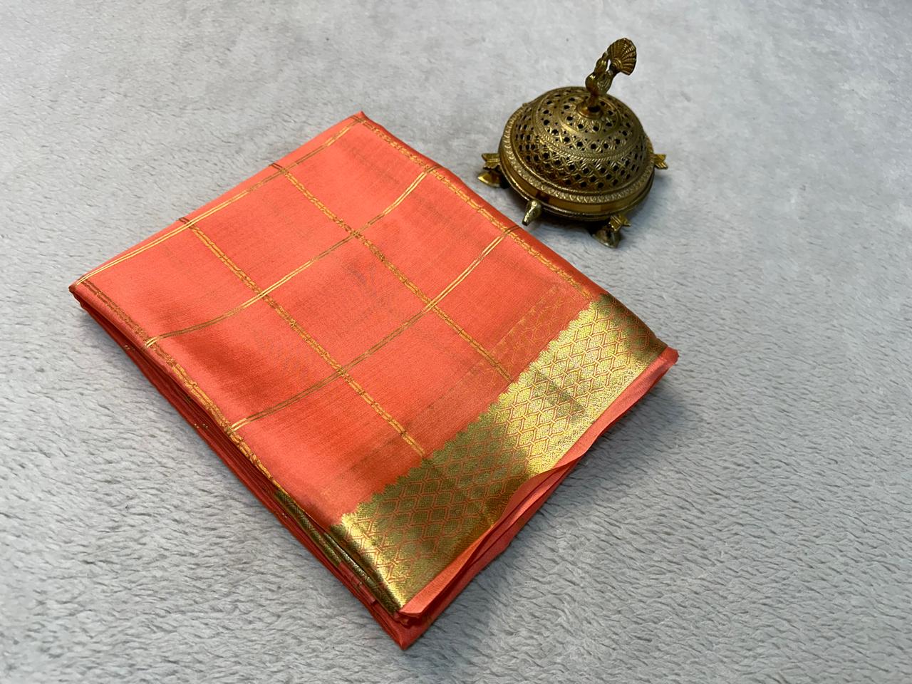 Pure Mysore Crepe Silk Saree with Zari Weaving & Contrast Blouse – Elegant Boutique Wear & Festive Gifting