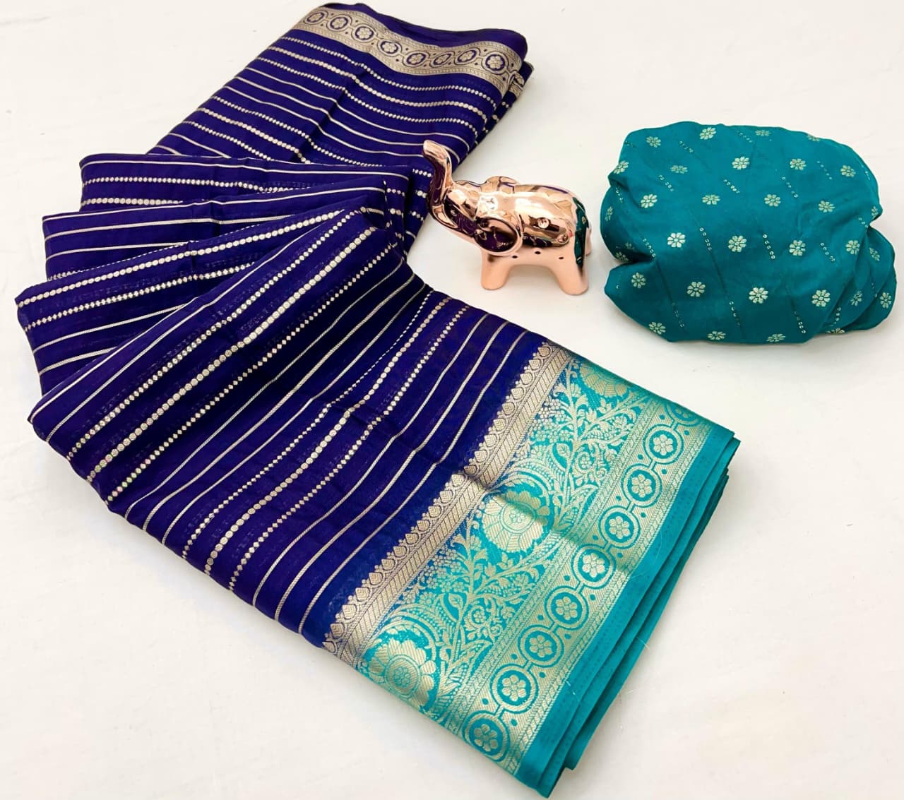 Heavy Viscose Marshmallow Dyed Saree – Weaving Stripes & Sequins Blouse.
