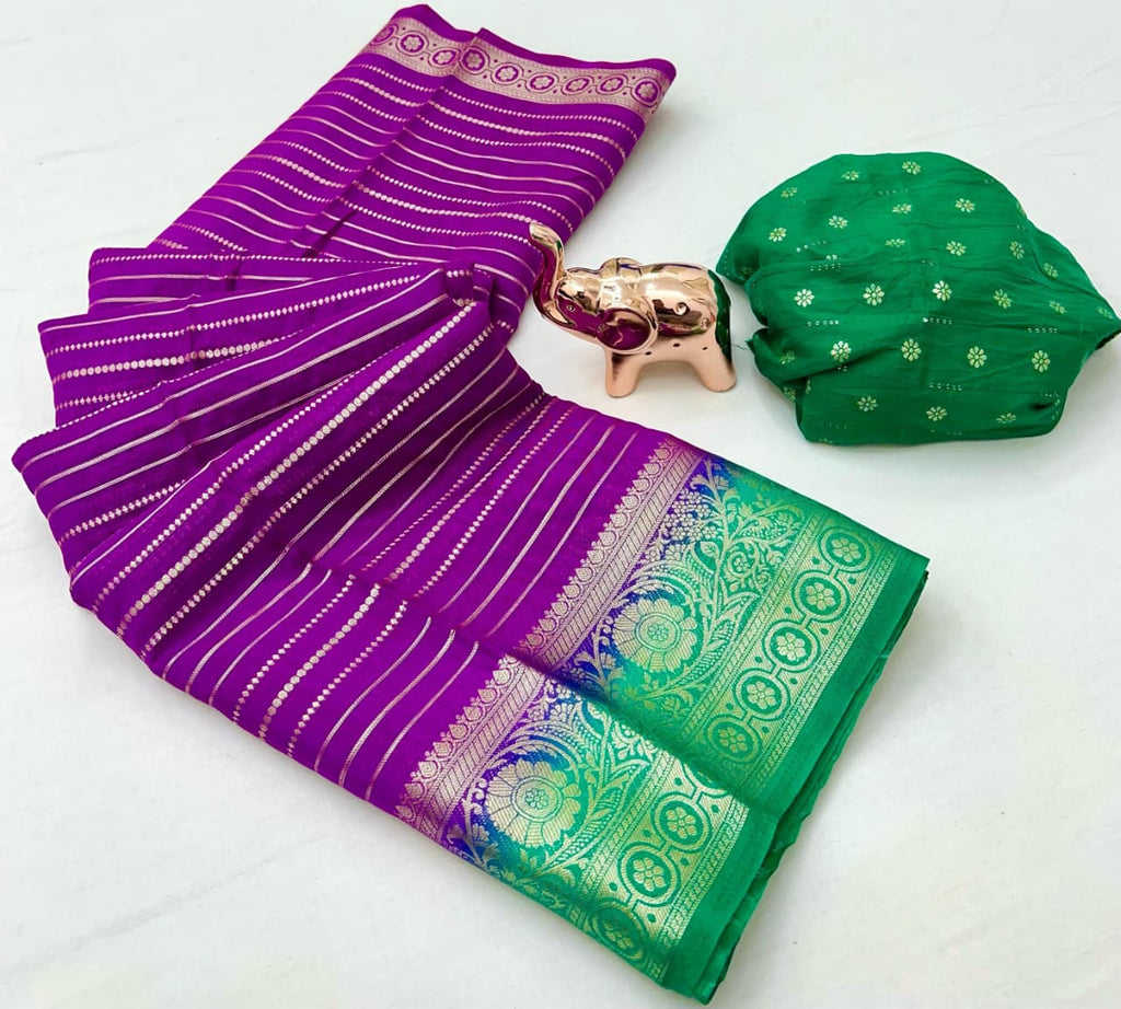 Heavy Viscose Marshmallow Dyed Saree – Weaving Stripes & Sequins Blouse.