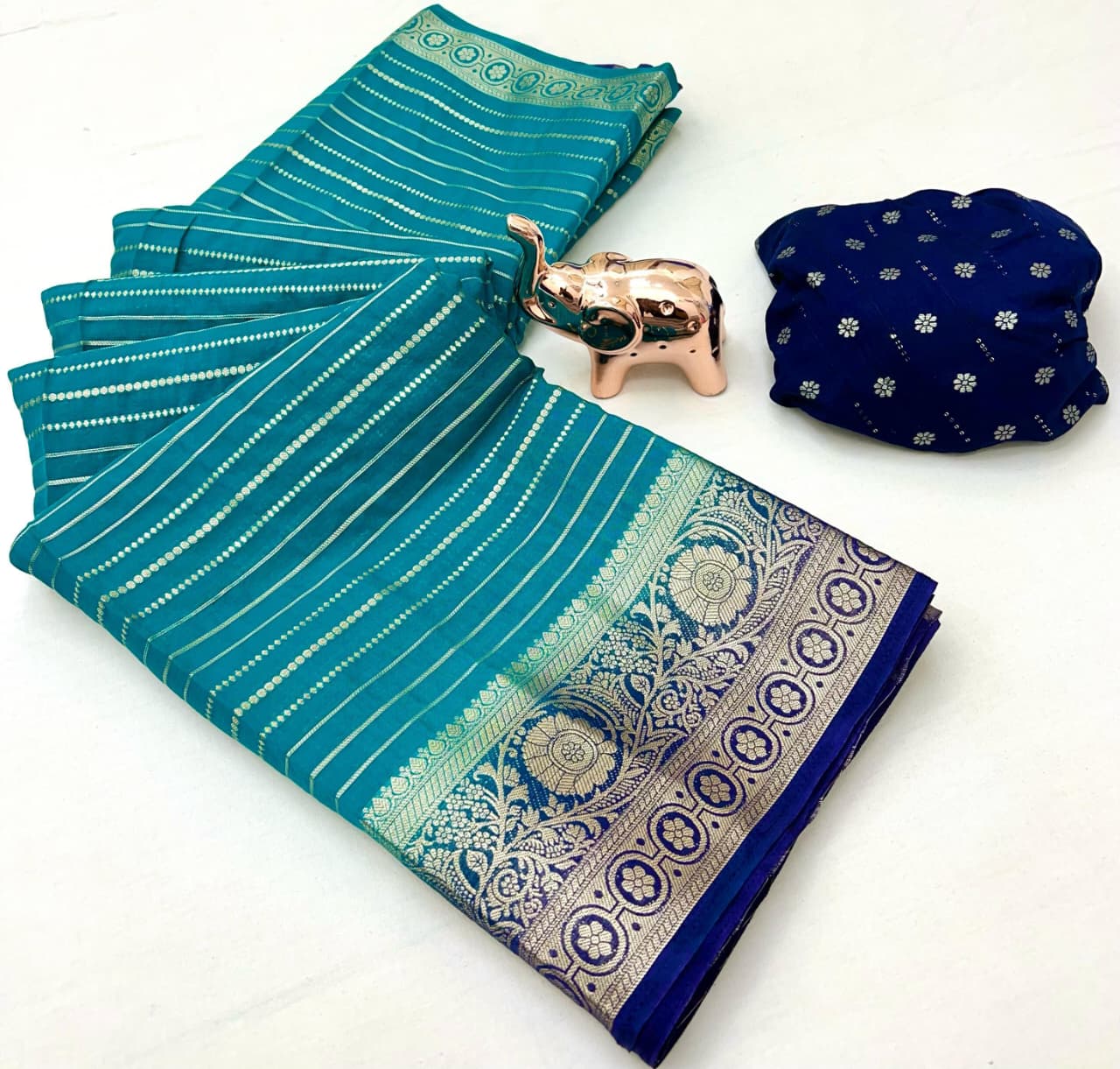 Heavy Viscose Marshmallow Dyed Saree – Weaving Stripes & Sequins Blouse.