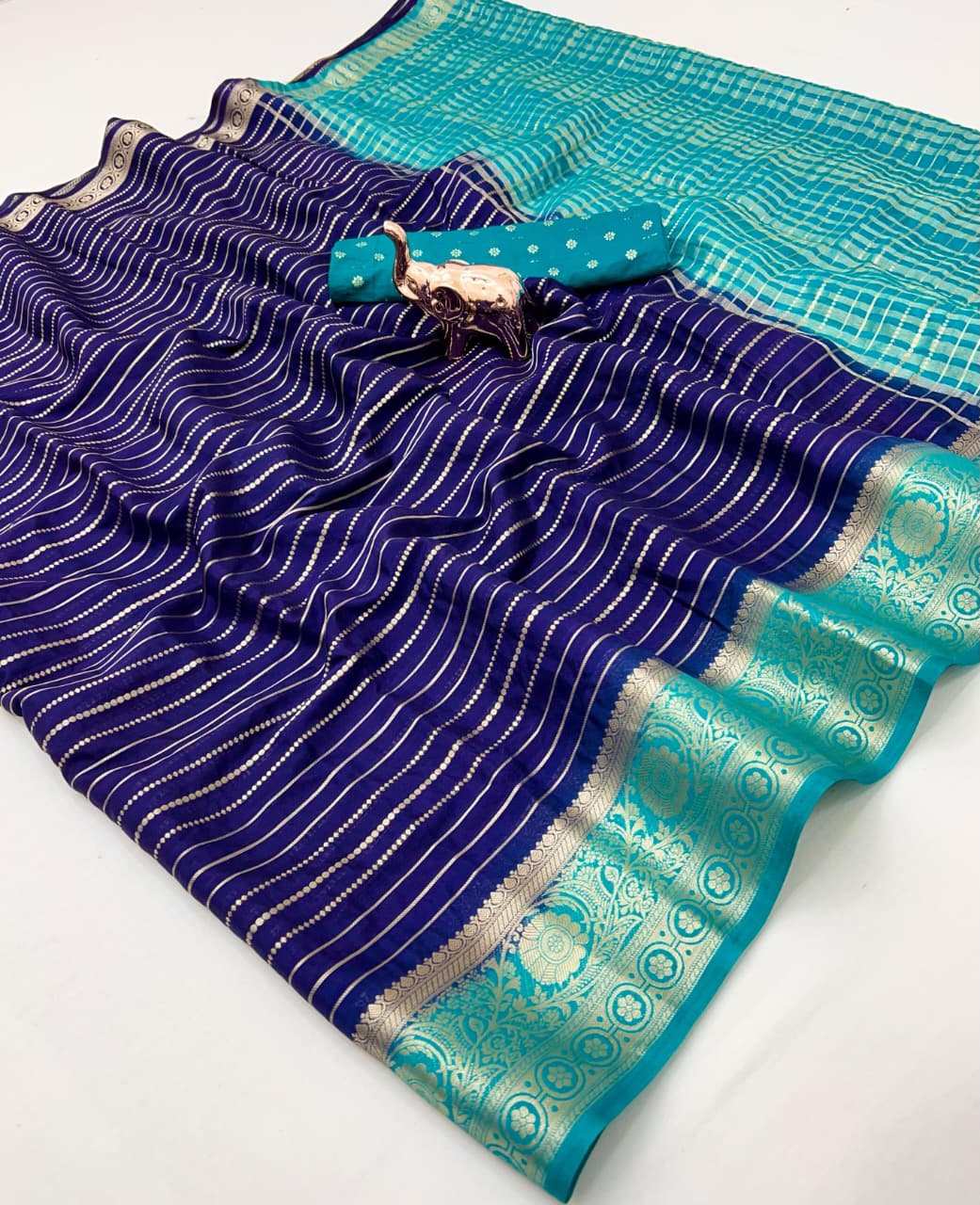 Heavy Viscose Marshmallow Dyed Saree – Weaving Stripes & Sequins Blouse.