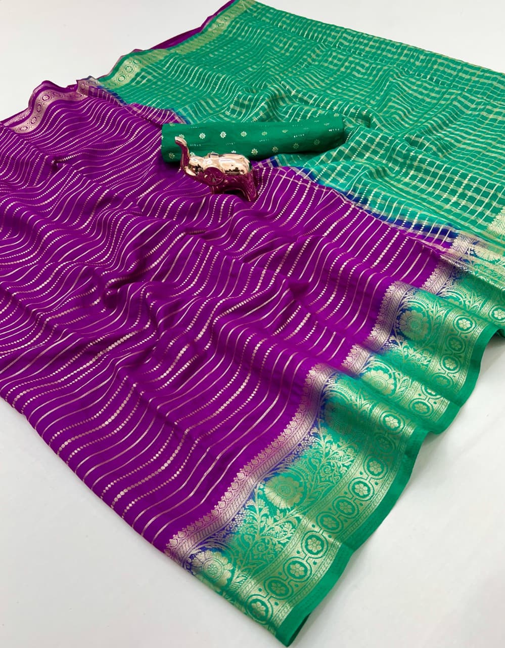 Heavy Viscose Marshmallow Dyed Saree – Weaving Stripes & Sequins Blouse.