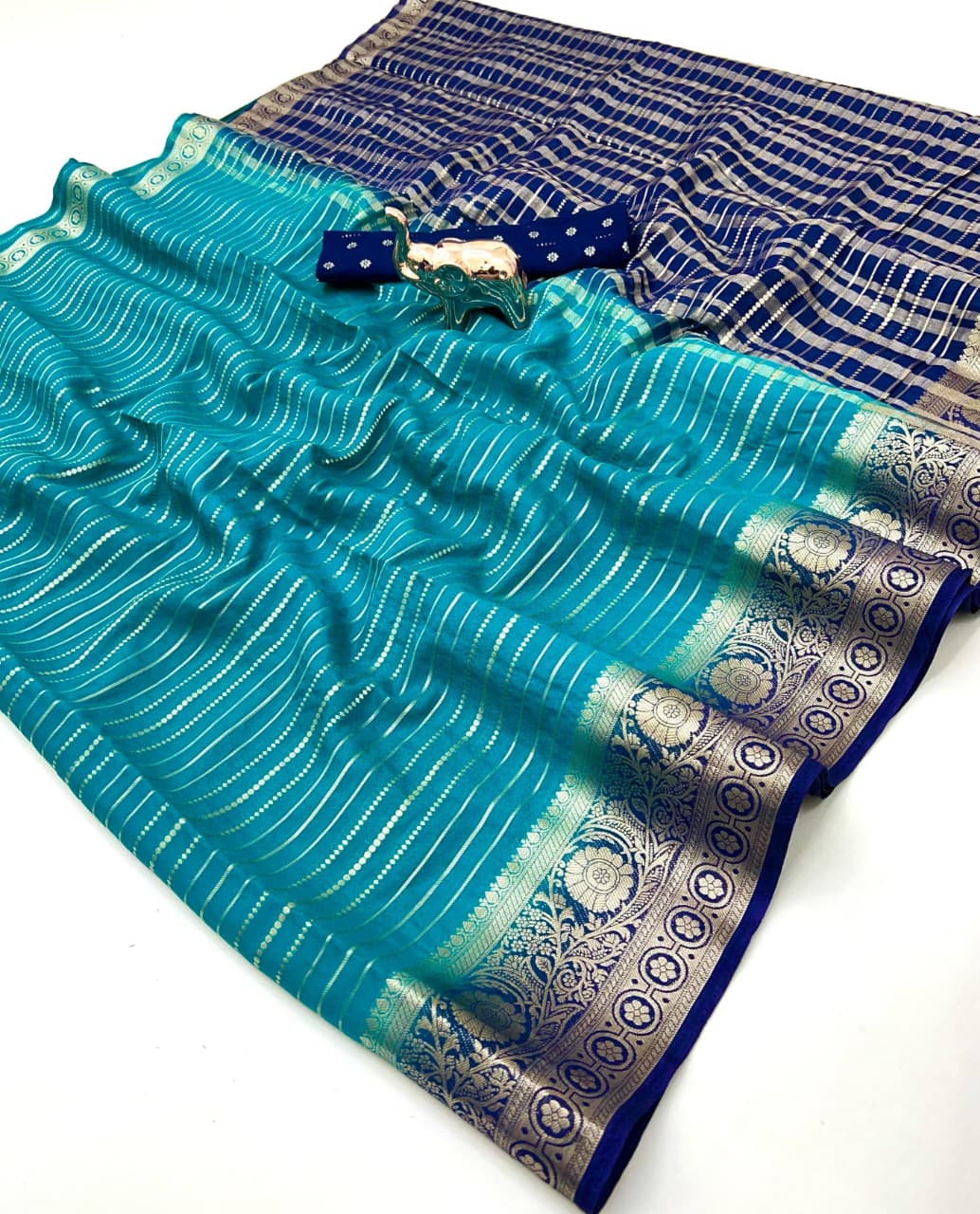 Heavy Viscose Marshmallow Dyed Saree – Weaving Stripes & Sequins Blouse.